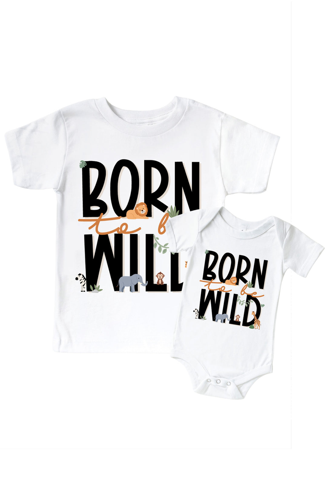 Caden Lane matching sibling in white with "Born to be Wild" printed in black and orange lettering and small safari animal illustrations, on both a kids' t-shirt and a baby bodysuit.
