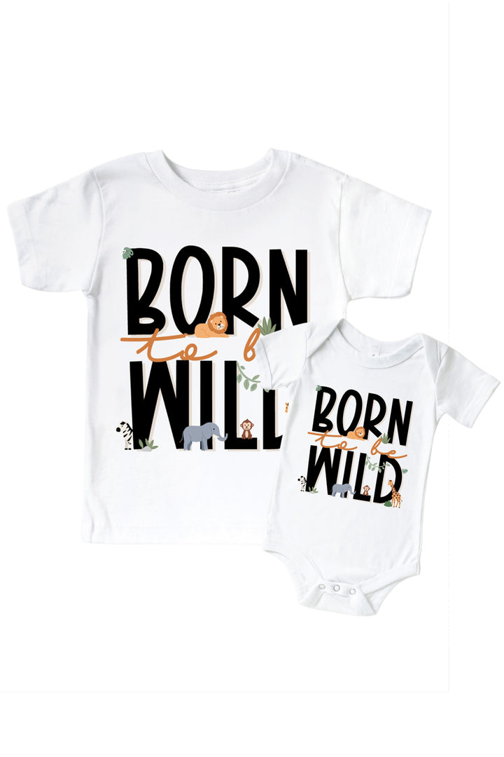 Caden Lane matching sibling in white with "Born to be Wild" printed in black and orange lettering and small safari animal illustrations, on both a kids' t-shirt and a baby bodysuit.