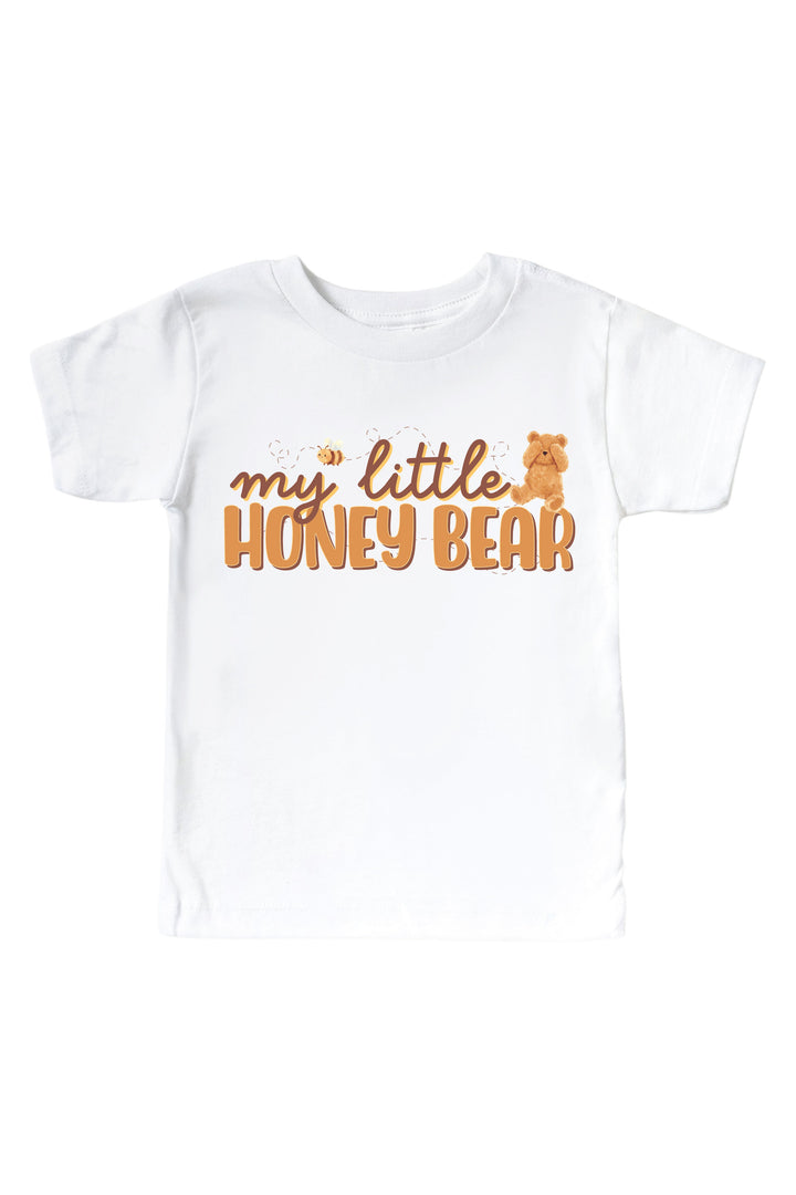 White t-shirt printed with 'my little honey bear' text, a teddy bear graphic, and a bee, laid flat on a white background