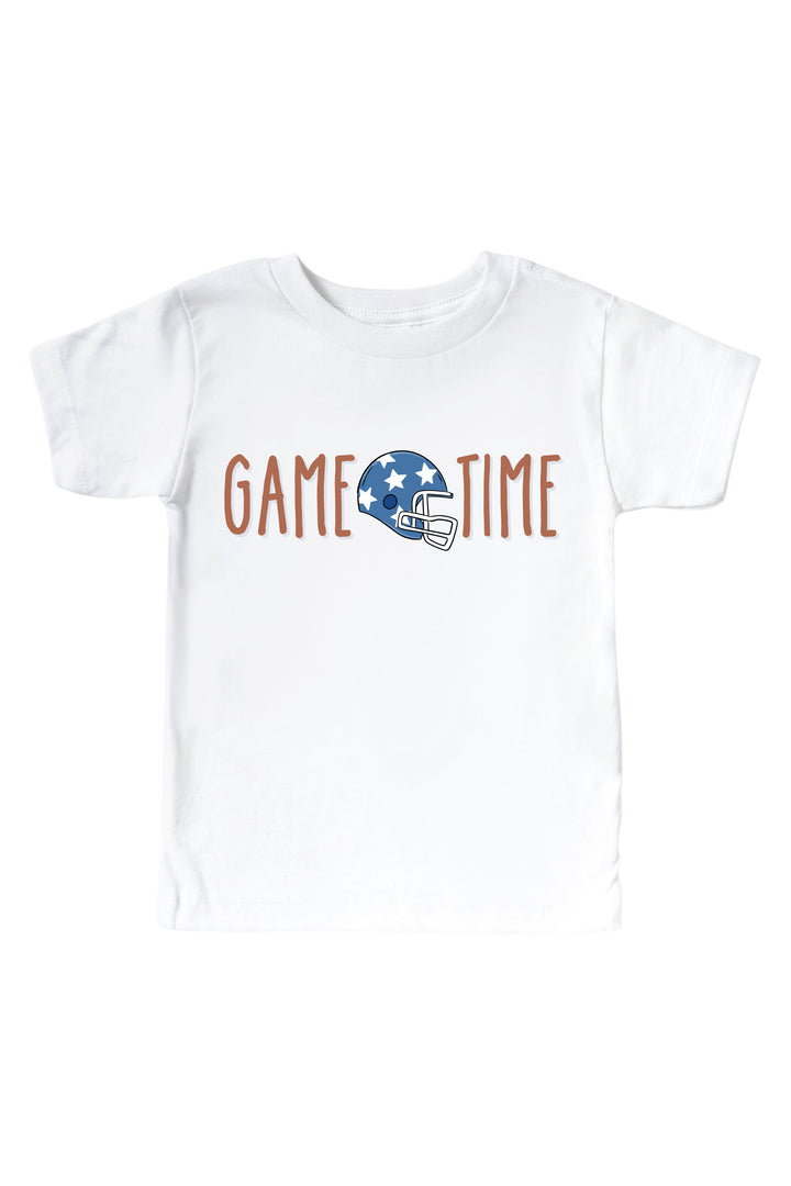 Caden Lane Graphic Bodysuit & Kids' Tee, Game Time Blue — kids t-shirt in white, featuring a "Game Time" graphic with a blue star helmet
