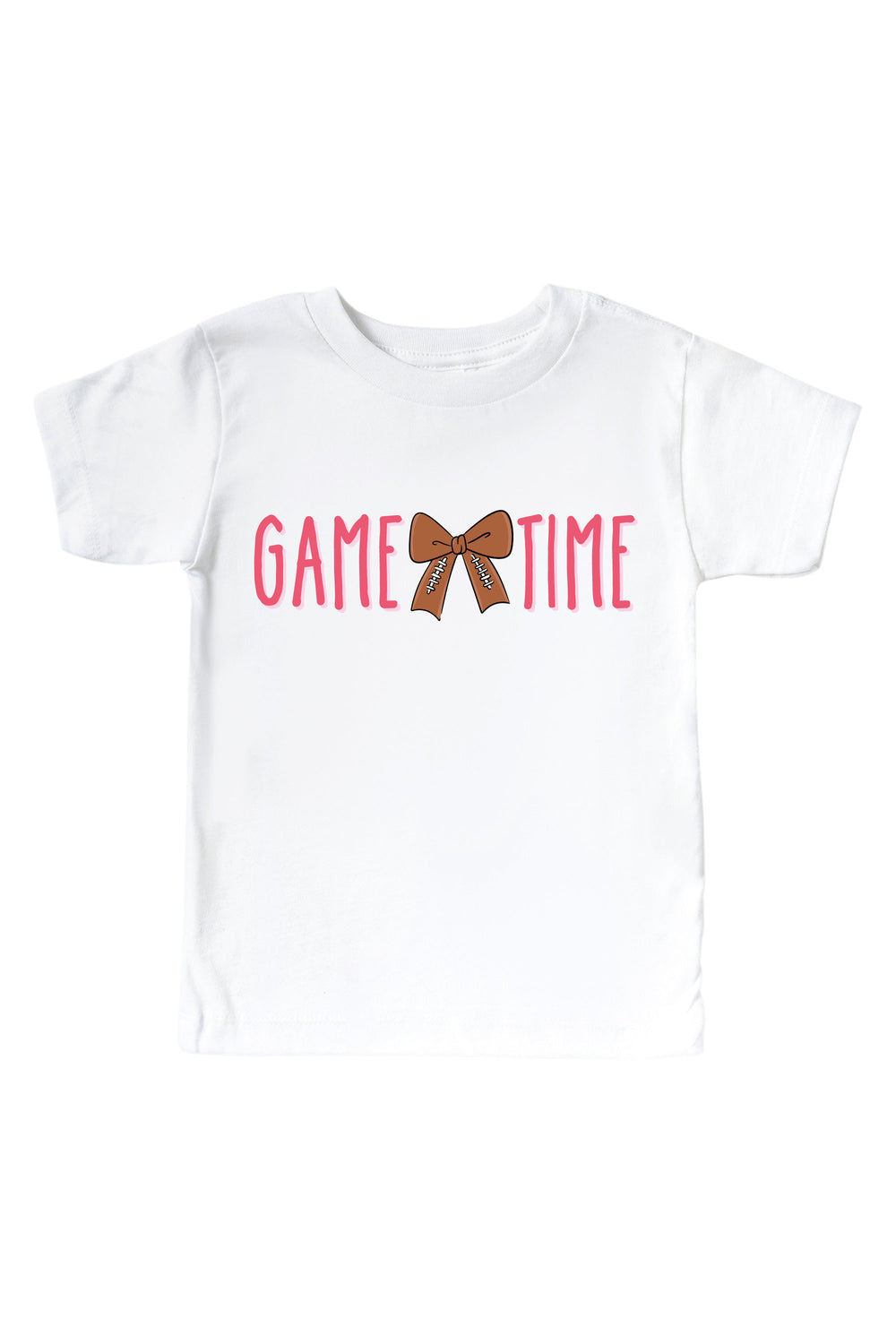 Caden Lane Graphic Bodysuit & Kids' Tee, Game Time Pink — kids t-shirt in white, featuring a "Game Time" graphic with a football-patterned bow