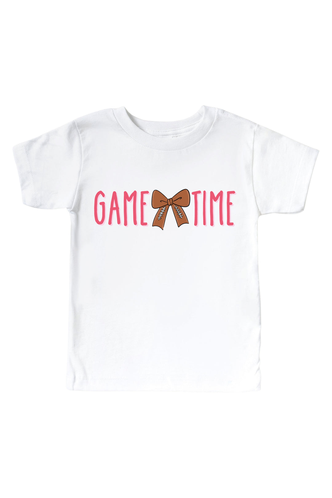 Caden Lane Graphic Bodysuit & Kids' Tee, Game Time Pink — kids t-shirt in white, featuring a "Game Time" graphic with a football-patterned bow
