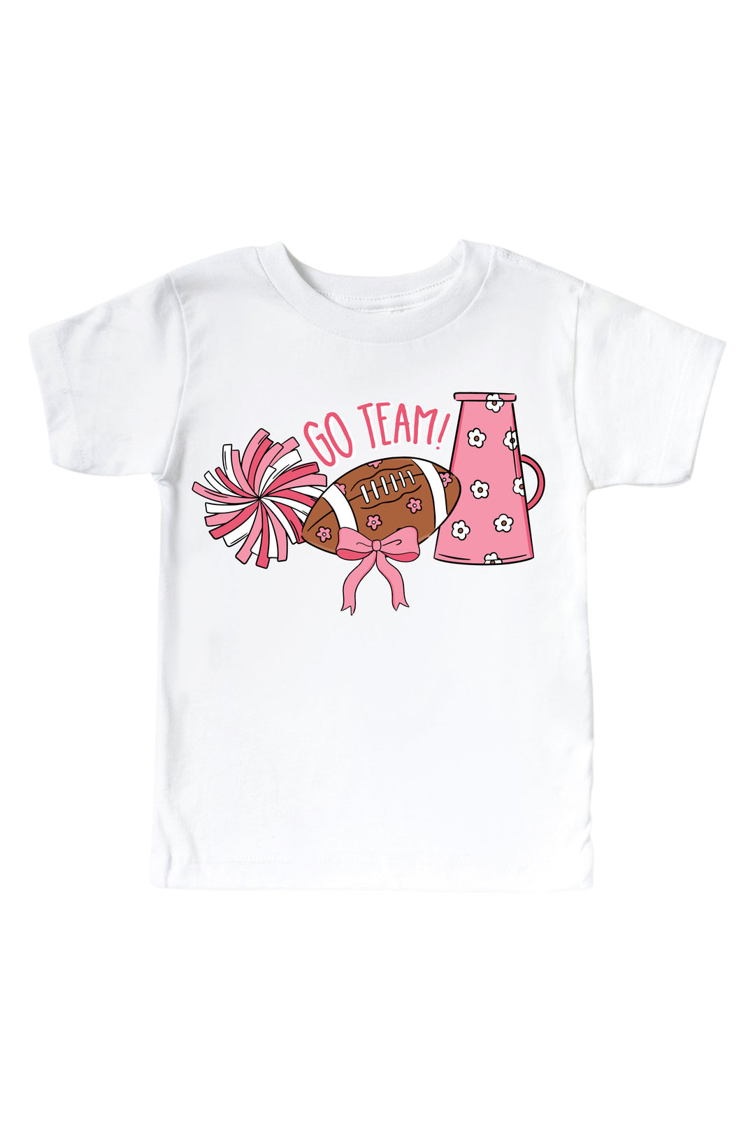 Caden Lane Graphic Bodysuit & Kids' Tee | Go Team Pink — kids t-shirt in white, featuring a "Go Team!" cheerleading graphic with pink pom poms, a floral football, and megaphone design