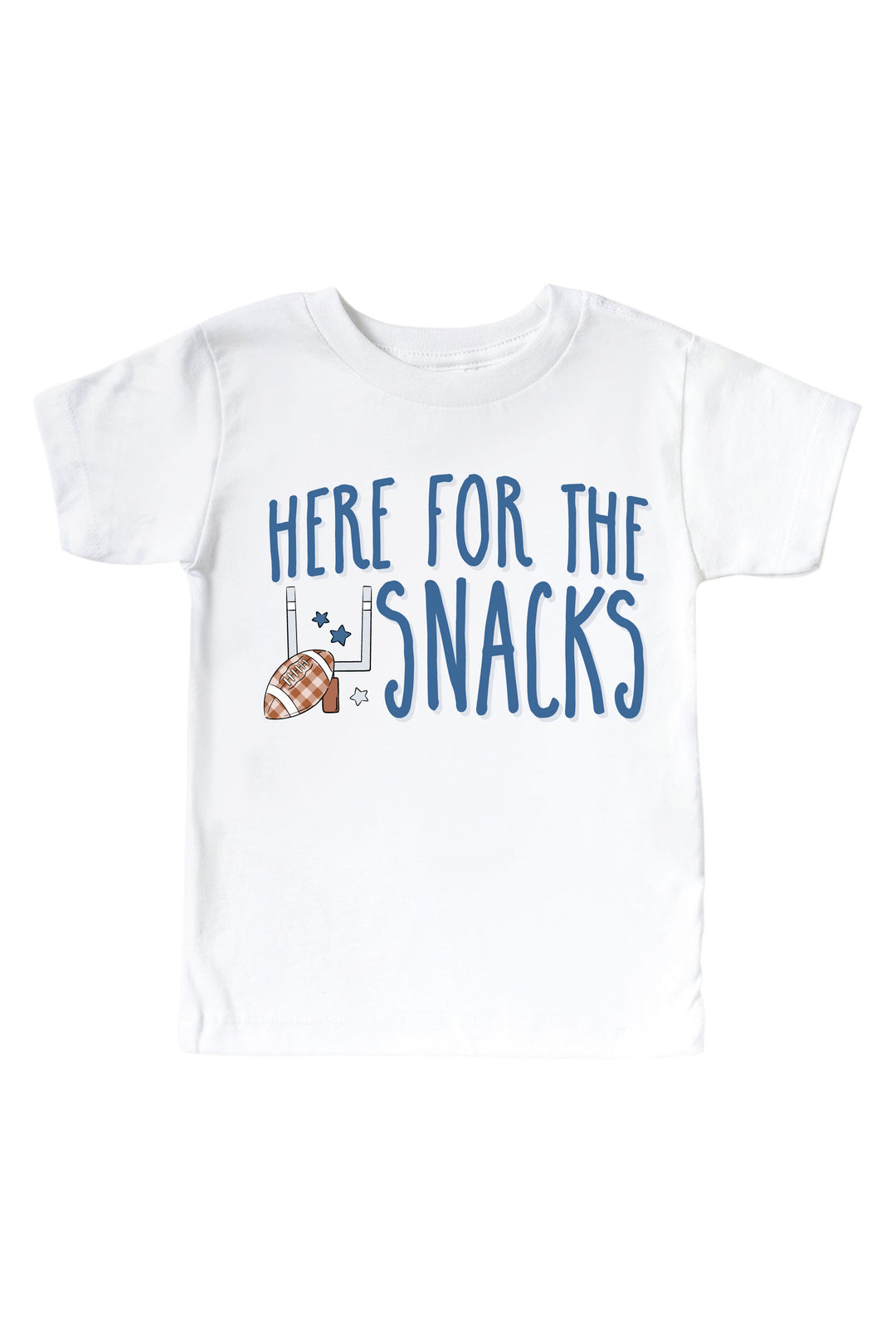Caden Lane Graphic Bodysuit & Kids' Tee Here for the Snacks Blue — kids t-shirt in white, featuring a "Here for the Snacks" football graphic with a plaid football, goal post, and stars design