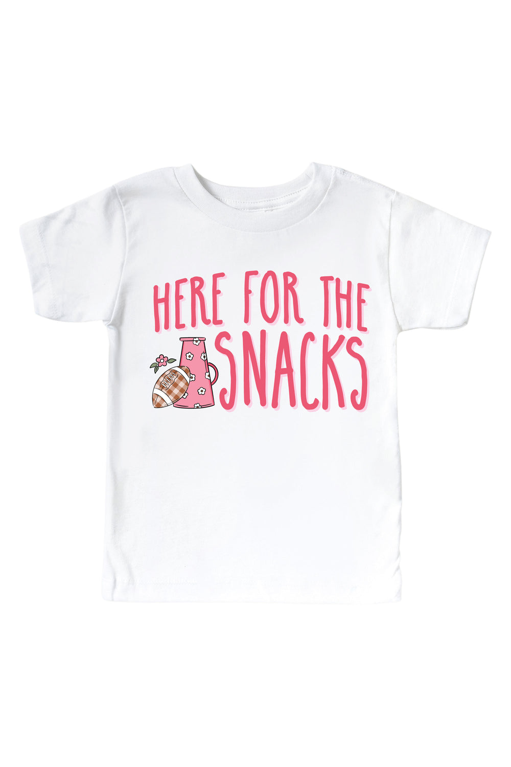Caden Lane Graphic Bodysuit & Kids' Tee | Here for the Snacks Pink — kids t-shirt in white, featuring a "Here for the Snacks" graphic with a floral megaphone and plaid football design