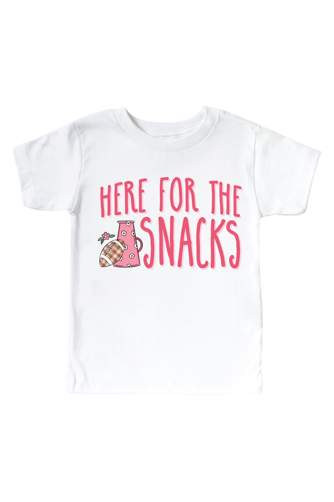 Caden Lane Graphic Bodysuit & Kids' Tee | Here for the Snacks Pink — kids t-shirt in white, featuring a "Here for the Snacks" graphic with a floral megaphone and plaid football design