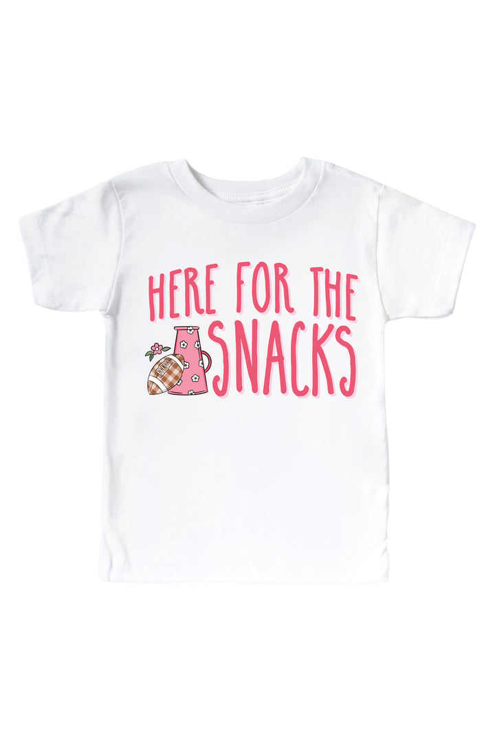 Caden Lane Graphic Bodysuit & Kids' Tee | Here for the Snacks Pink — kids t-shirt in white, featuring a "Here for the Snacks" graphic with a floral megaphone and plaid football design