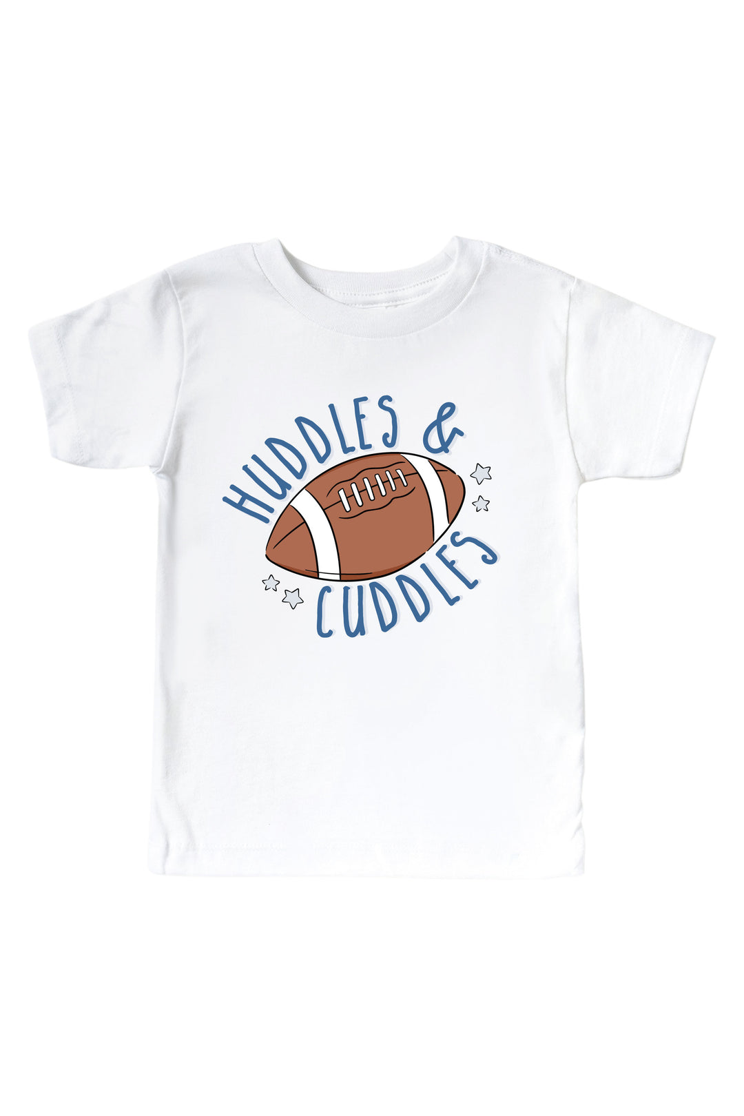 Caden Lane Graphic Bodysuit & Kids' Tee, Huddles & Cuddles Blue — kids t-shirt in white, featuring a "Huddles & Cuddles" graphic with a football and star design