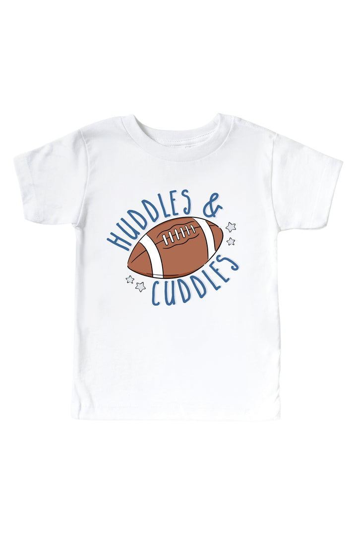 Caden Lane Graphic Bodysuit & Kids' Tee, Huddles & Cuddles Blue — kids t-shirt in white, featuring a "Huddles & Cuddles" graphic with a football and star design