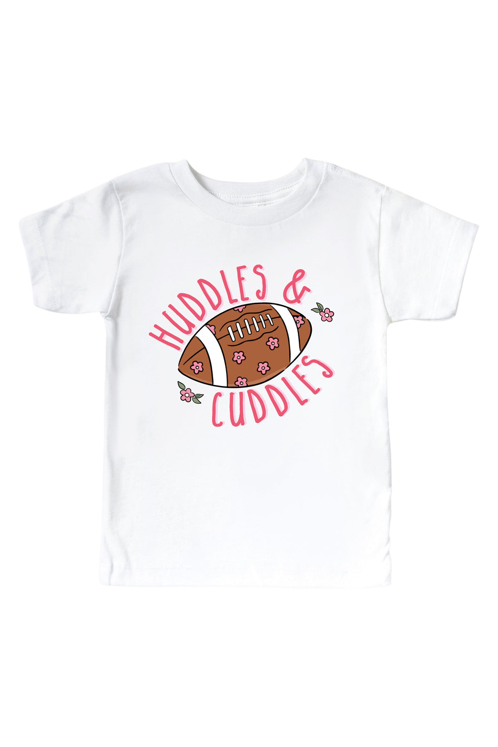 Caden Lane Graphic Bodysuit & Kids' Tee, Huddles & Cuddles Pink — kids t-shirt in white, featuring a "Huddles & Cuddles" graphic with a floral football design