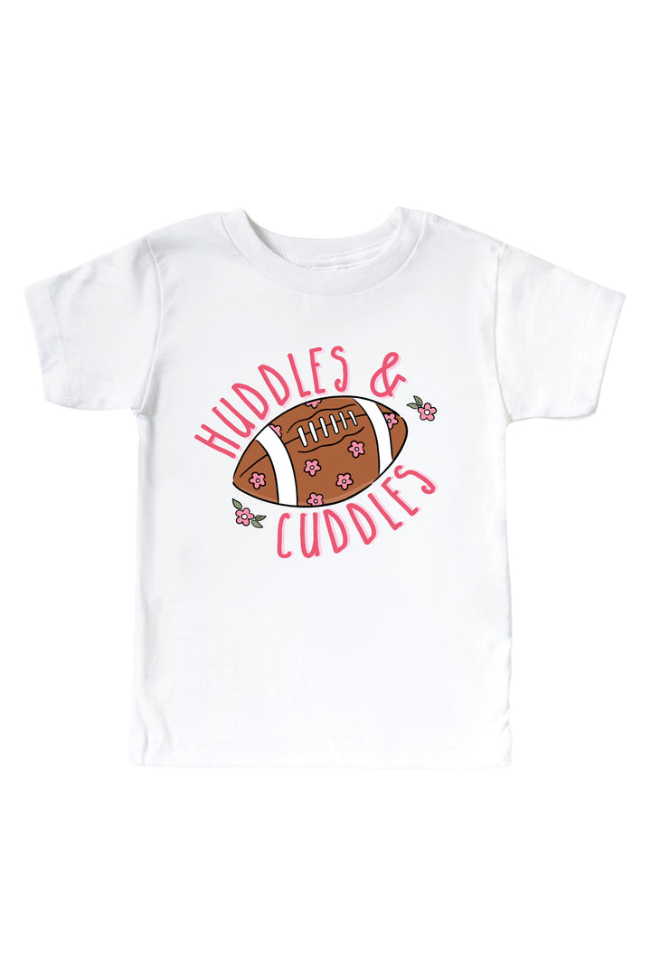Caden Lane Graphic Bodysuit & Kids' Tee, Huddles & Cuddles Pink — kids t-shirt in white, featuring a "Huddles & Cuddles" graphic with a floral football design