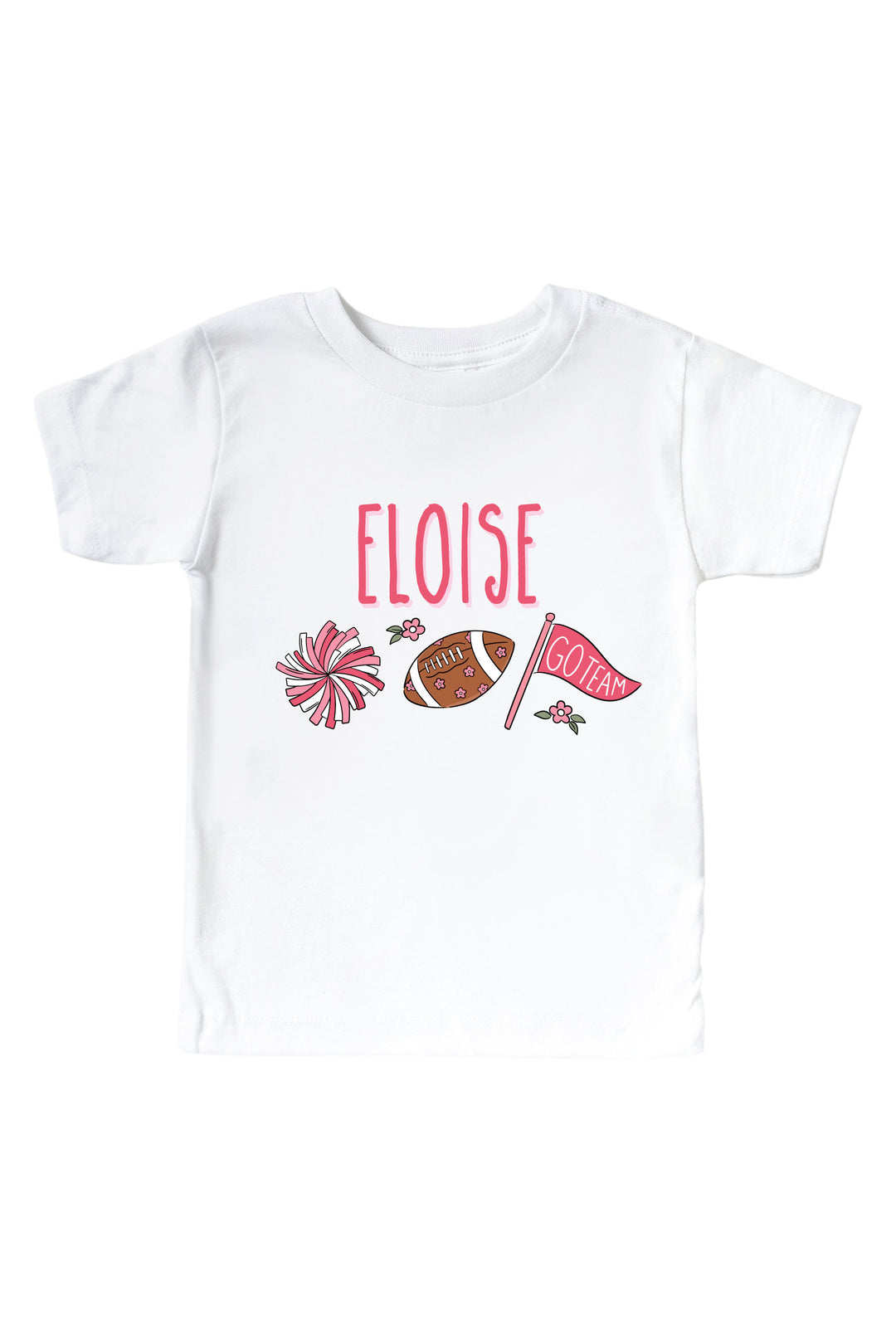 Caden Lane Personalized Graphic Bodysuit & Kids' Tee, Pink — kids t-shirt in white with custom name "Eloise" and a cheerleading graphic featuring a pom pom, floral football, and "Go Team" flag