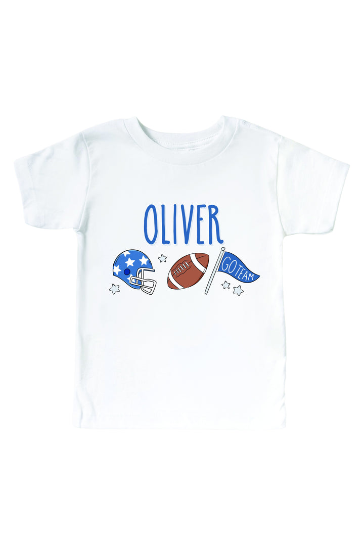 Caden Lane Personalized Graphic Bodysuit & Kids' Tee, Blue — kids t-shirt in white with custom name "Oliver" and a football graphic featuring a star helmet, football, and "Go Team" flag