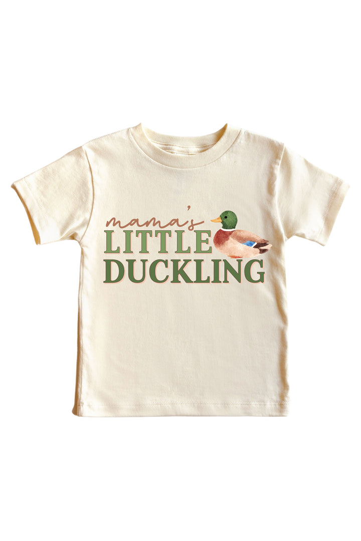 Natural kids tee with mama's Little Duckling text and mallard duck illustration on front