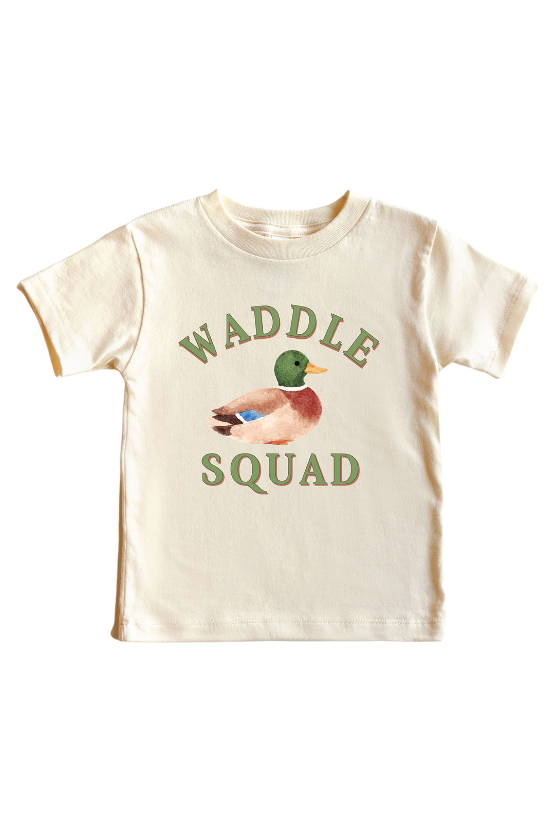 Natural kids tee with WADDLE SQUAD text and mallard duck illustration on front