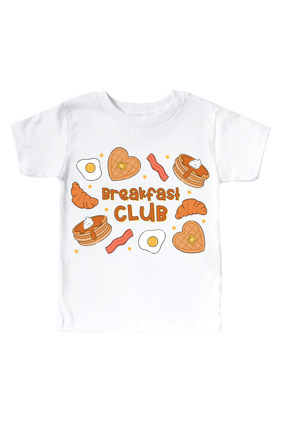 A Caden Lane white short-sleeve kids' t-shirt featuring a colorful graphic print of breakfast items, including pancakes, croissants, bacon, eggs, and the text 'Breakfast Club' in orange.