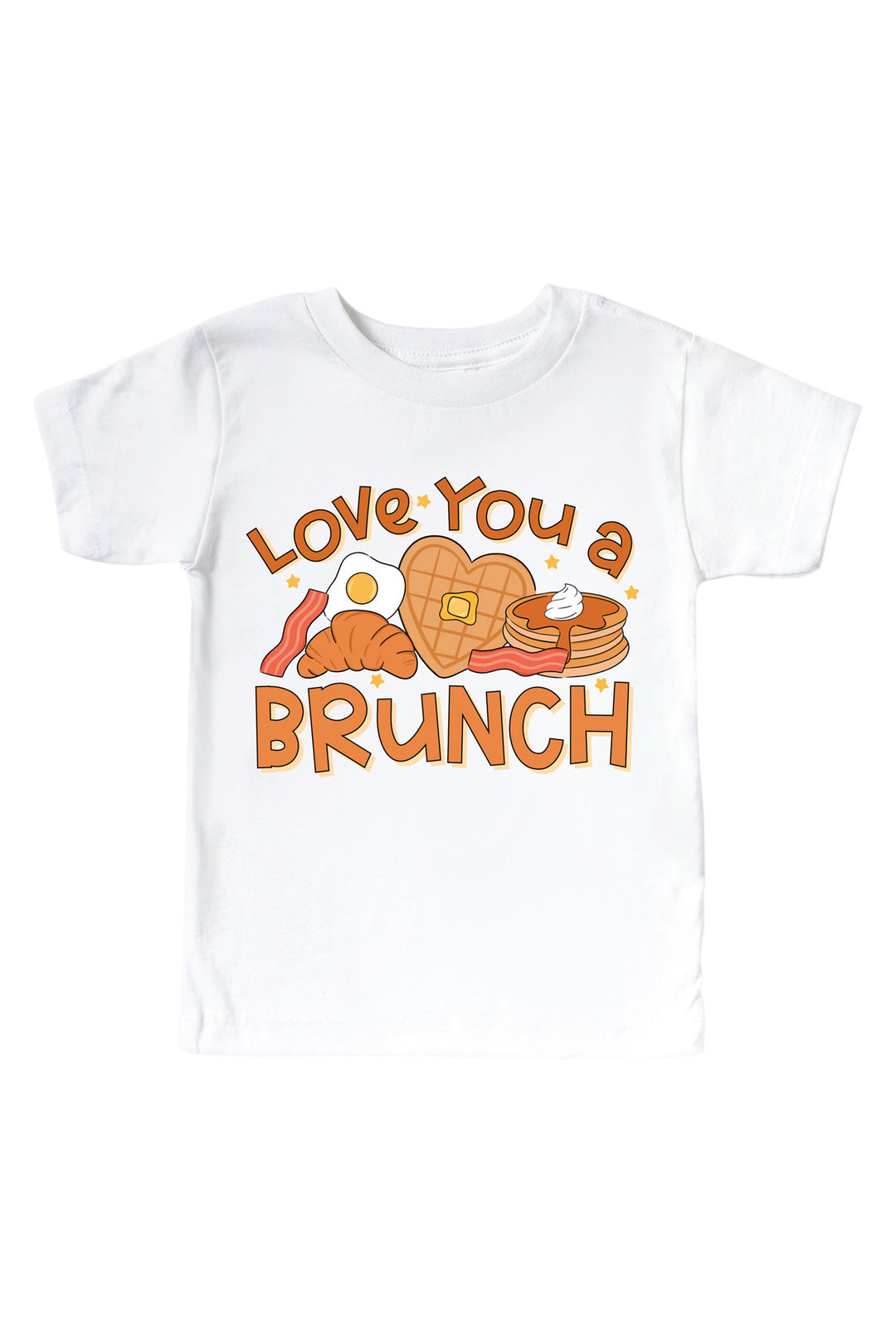 Caden Lane kids white graphic tee with “Love You a Brunch” breakfast design featuring waffles, pancakes, bacon, egg and croissant.