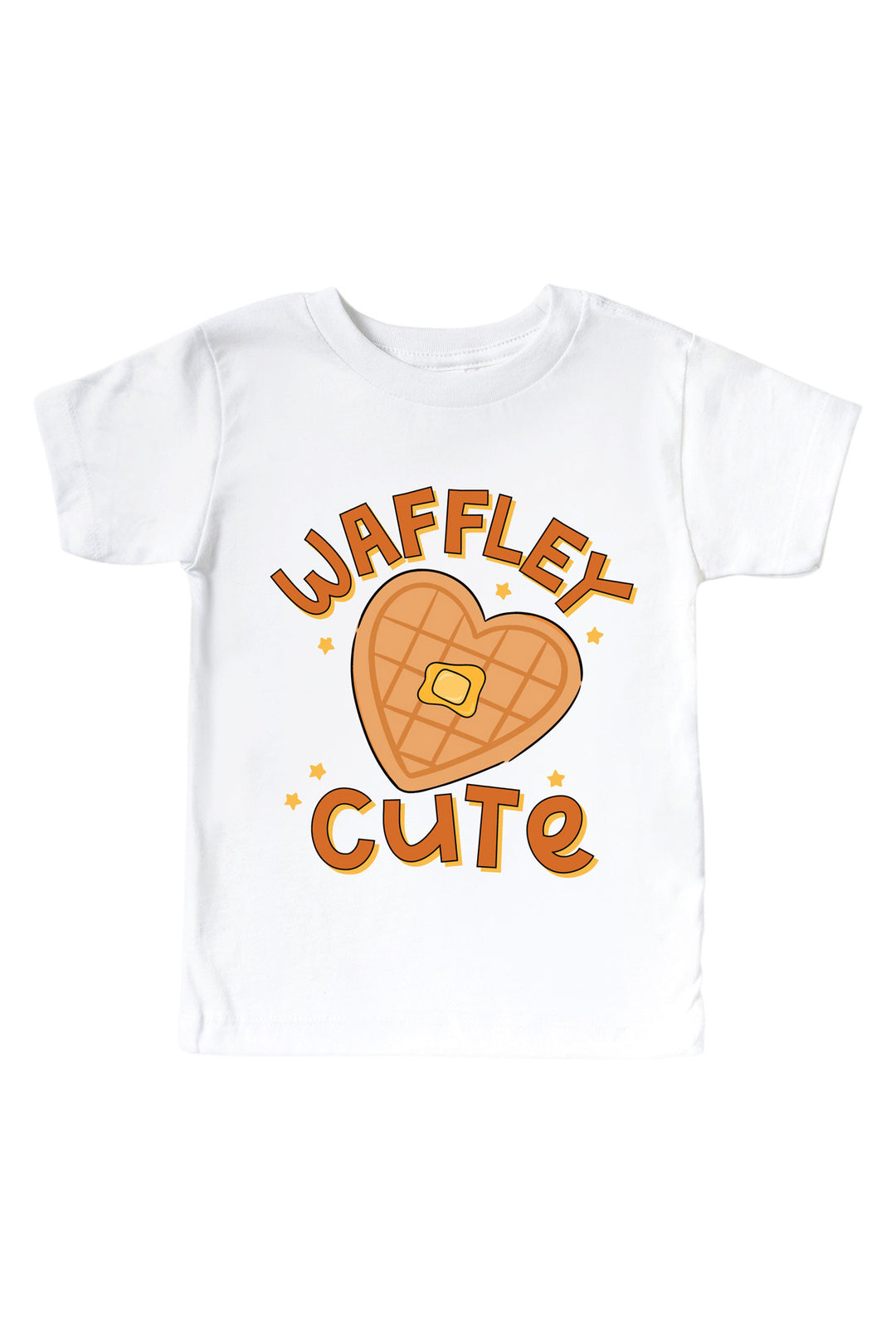A white Caden Lane short-sleeve kids' t-shirt featuring a cartoon graphic of a heart-shaped waffle with butter and the words 'WAFFLEY CUTE' in orange-brown lettering.