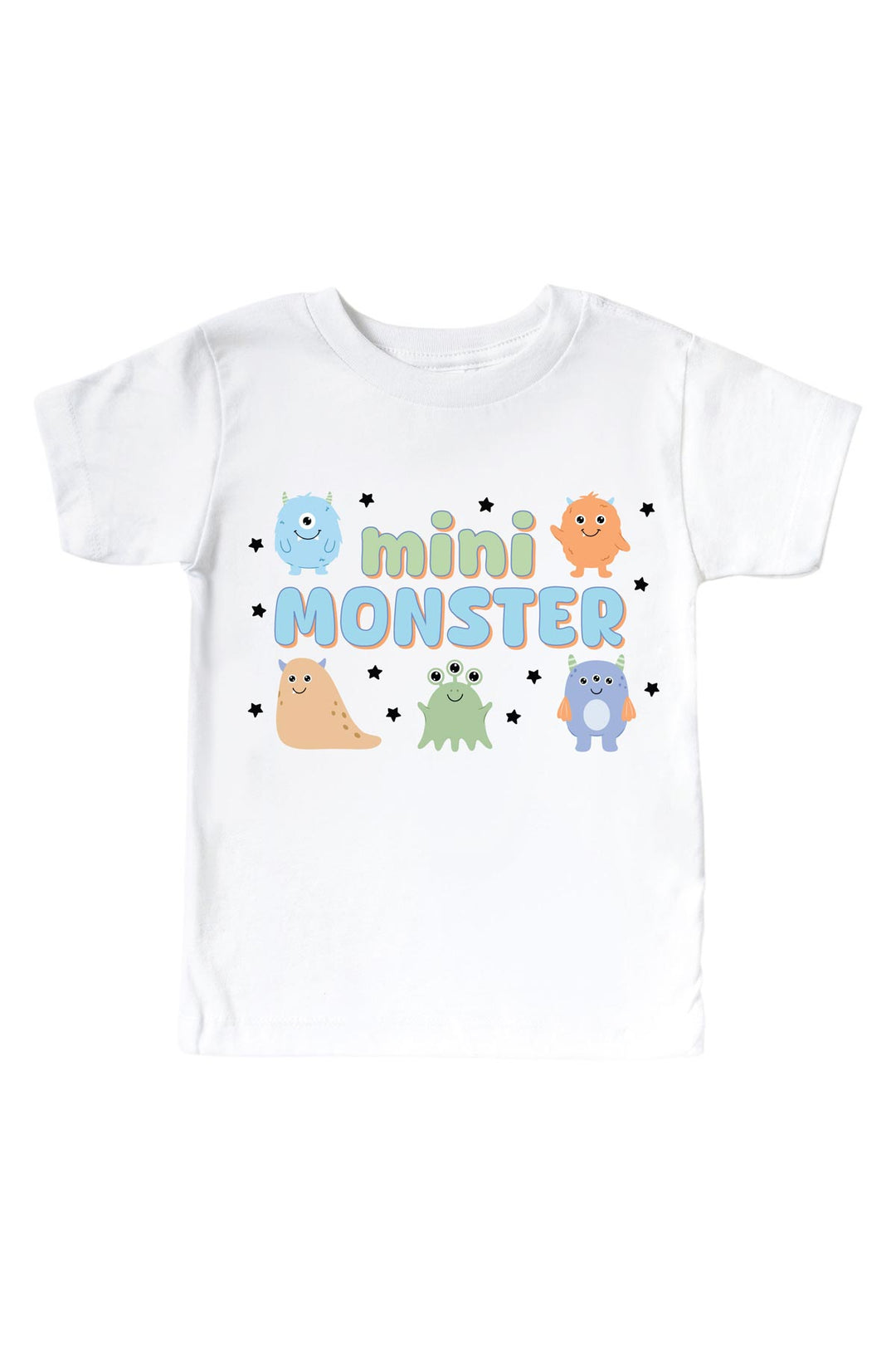 Caden Lane white kids t-shirt with "Mini Monster" graphic in green and blue lettering, featuring blue, orange, tan, green, and purple cartoon monsters and stars