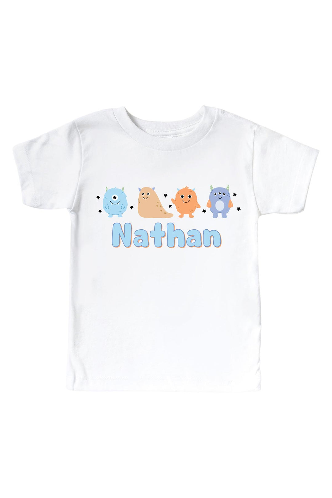 Caden Lane white kids t-shirt personalized with "Nathan" in blue lettering, featuring blue, tan, orange, and purple cartoon monsters and stars