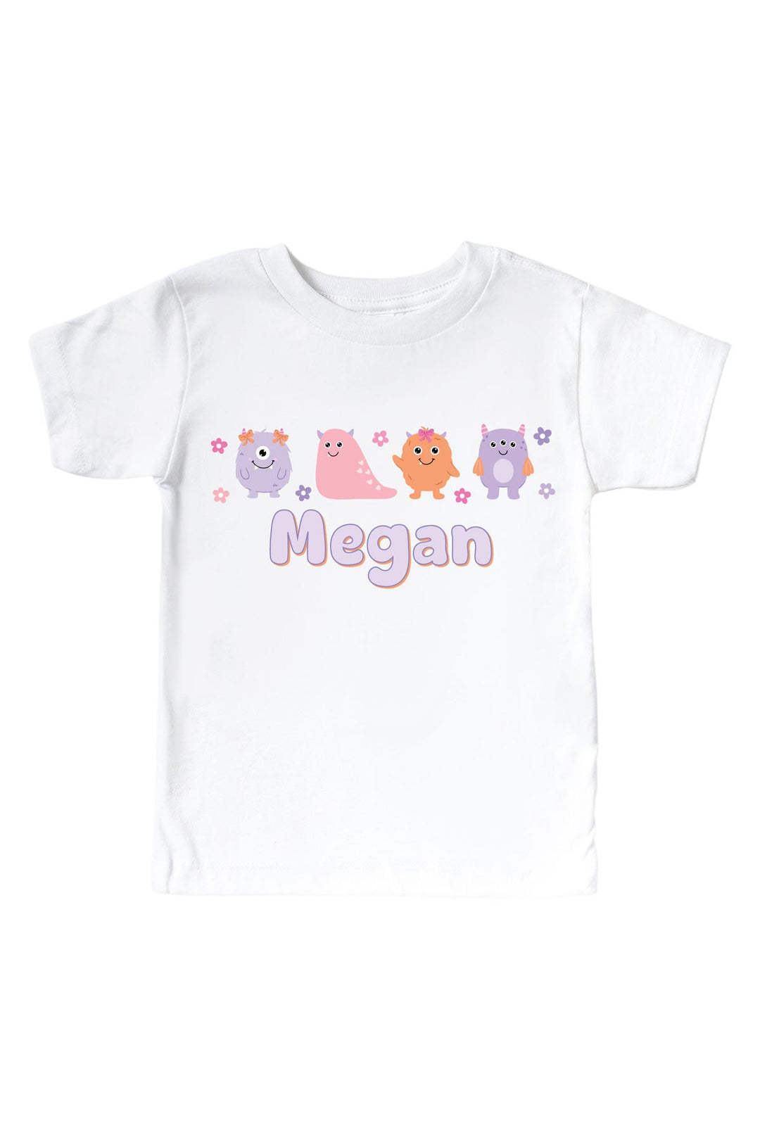 Caden Lane white kids t-shirt personalized with "Megan" in purple lettering, featuring pink, purple, and orange cartoon monsters and flowers