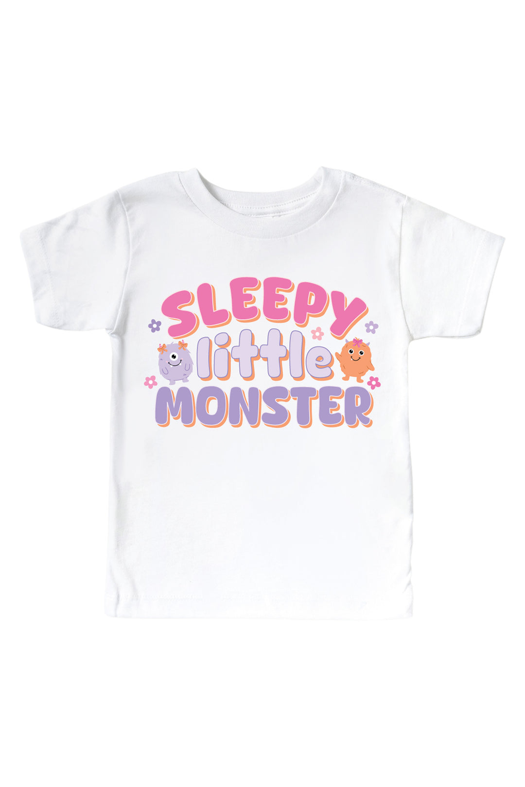 Caden Lane white kids t-shirt with "Sleepy Little Monster" graphic in pink and purple lettering, featuring purple and orange cartoon monsters and flowers