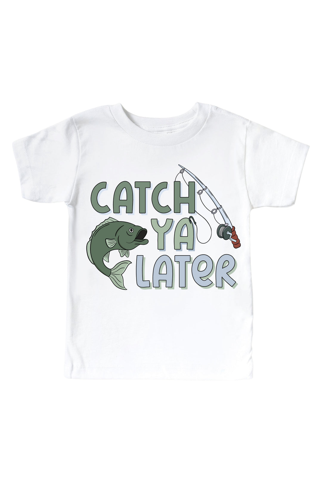 Catch Ya Later kids graphic tee with fish and fishing rod graphic flat lay on white background