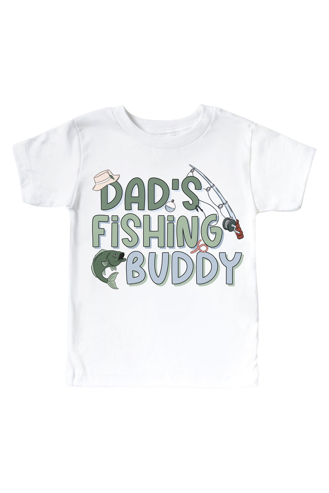 Dad's Fishing Buddy kids graphic tee with colorful fishing graphic flat lay on white background