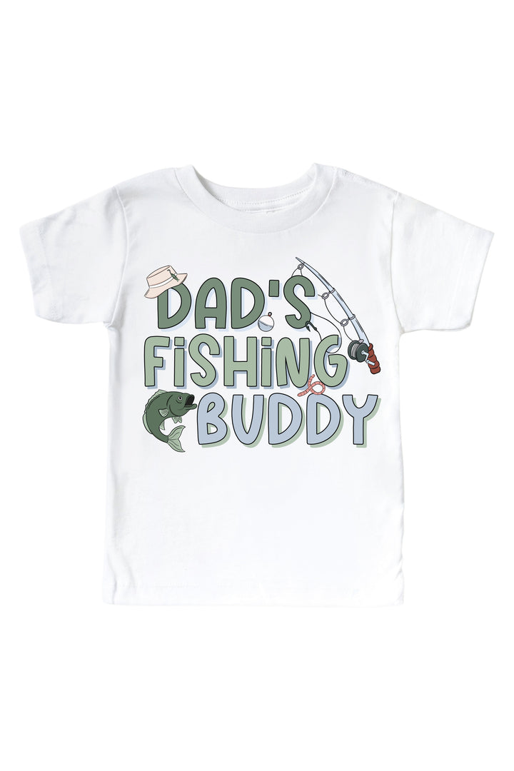 Dad's Fishing Buddy kids graphic tee with colorful fishing graphic flat lay on white background