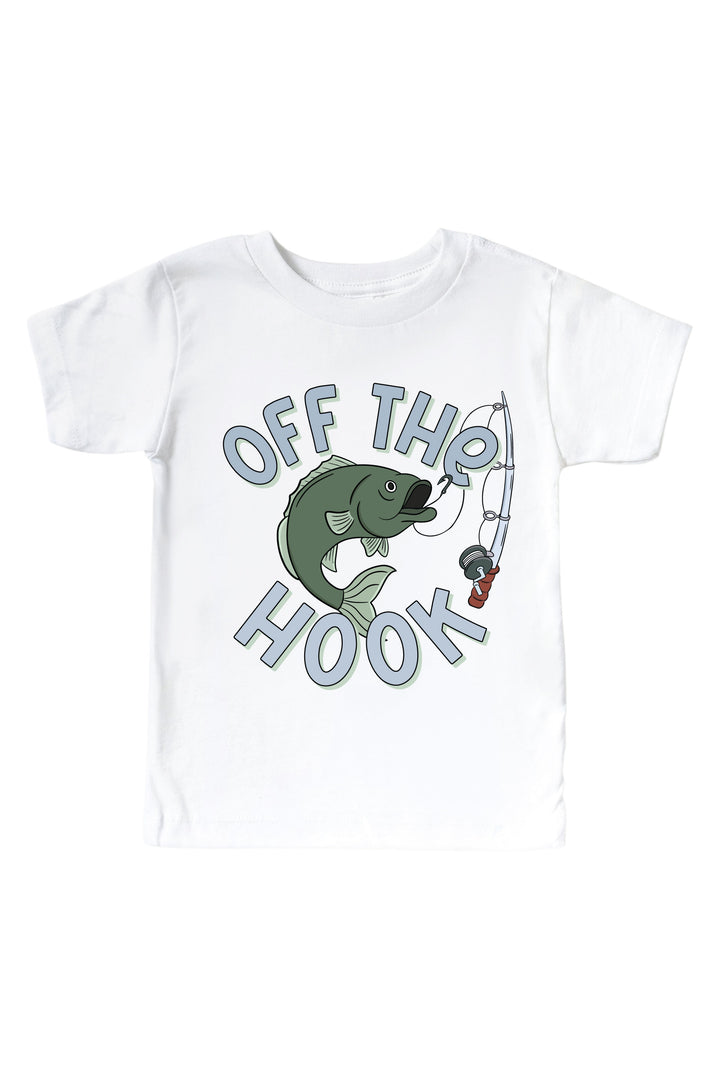 Off The Hook kids graphic tee with fish hooking graphic and Off The Hook text flat lay on white background