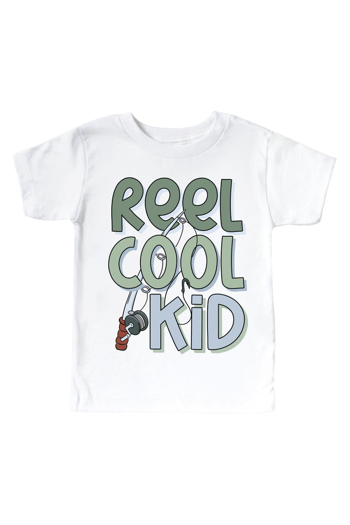 Reel Cool Kid kids graphic tee with fishing rod graphic flat lay on white background