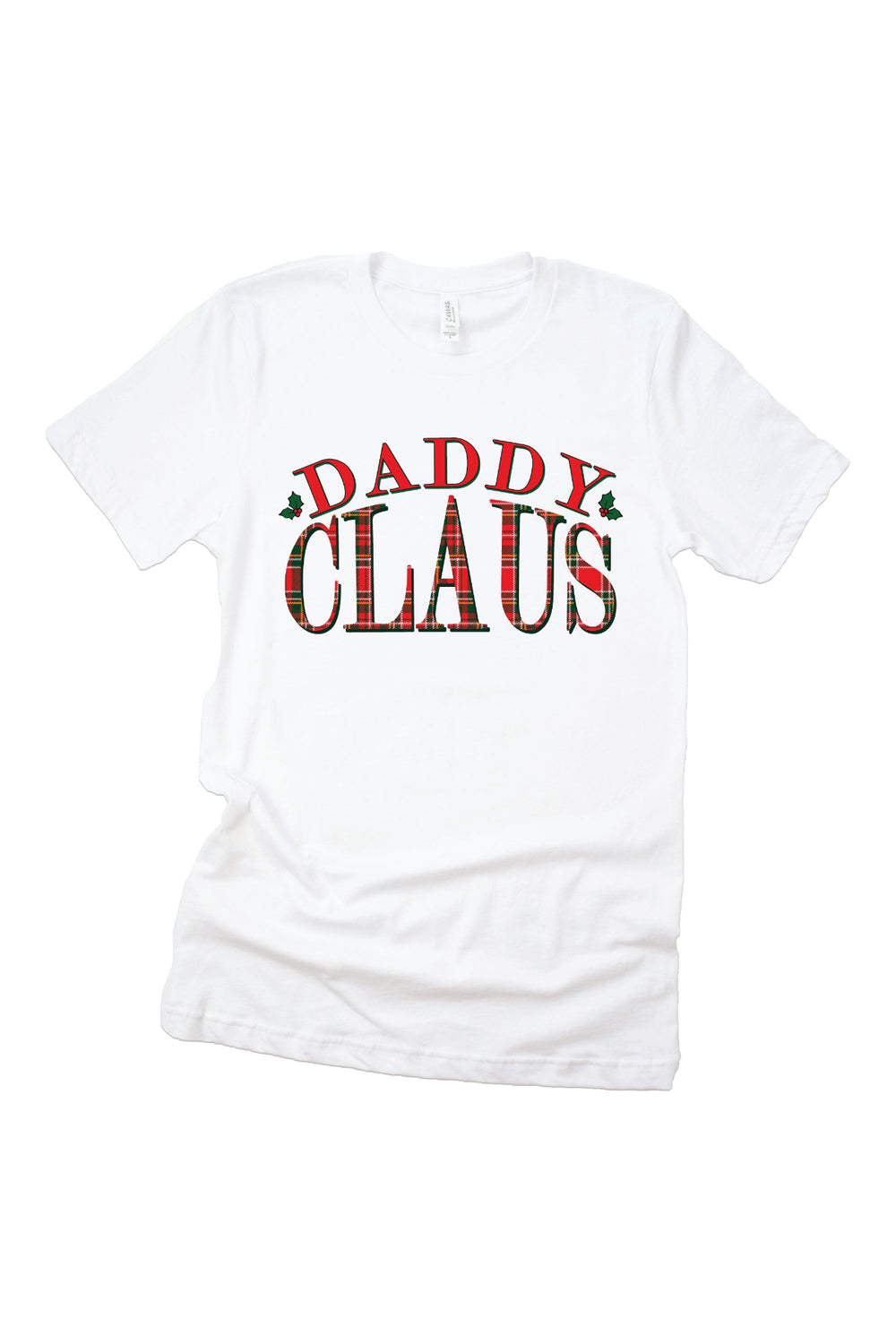 Caden Lane Daddy Claus Christmas graphic tee for men featuring a festive plaid holiday design, perfect for matching family Christmas pajamas, holiday photos, and Christmas morning celebrations.