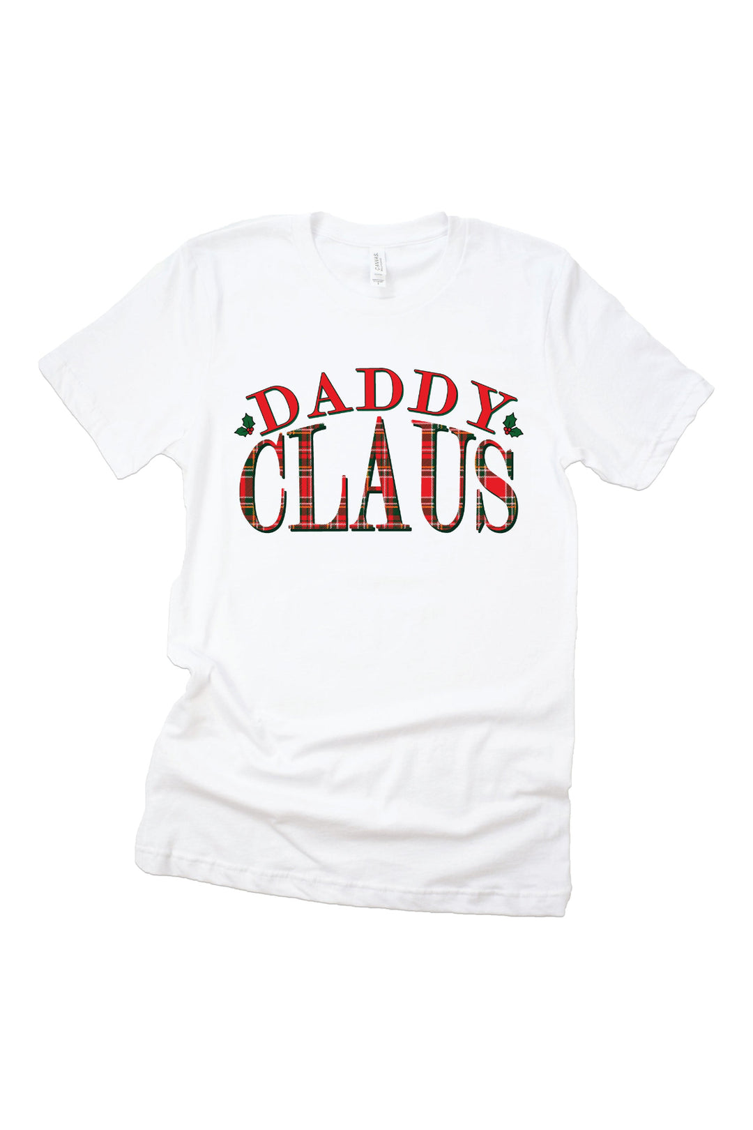 Caden Lane Daddy Claus Christmas graphic tee for men featuring a festive plaid holiday design, perfect for matching family Christmas pajamas, holiday photos, and Christmas morning celebrations.