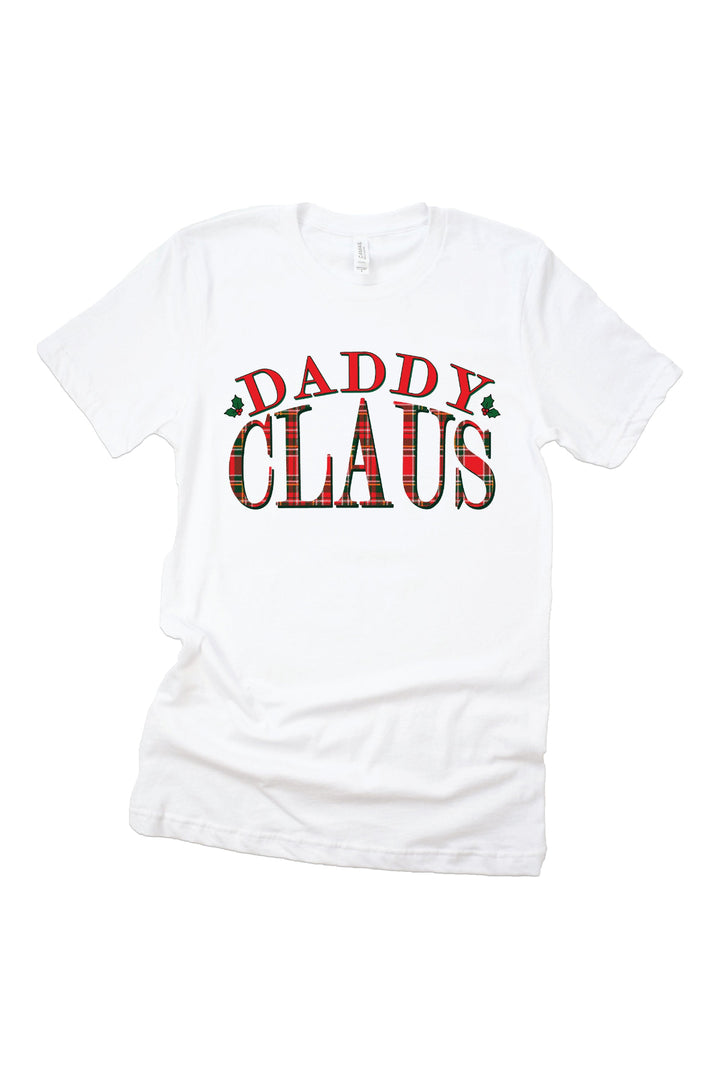 Caden Lane Daddy Claus Christmas graphic tee for men featuring a festive plaid holiday design, perfect for matching family Christmas pajamas, holiday photos, and Christmas morning celebrations.