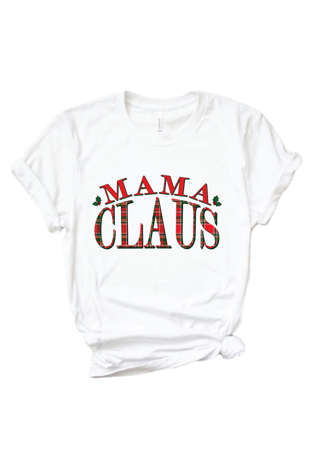 Caden Lane Mama Claus Christmas graphic tee with festive plaid lettering, paired with matching red plaid pajama pants for coordinating family Christmas pajamas and holiday celebrations.
