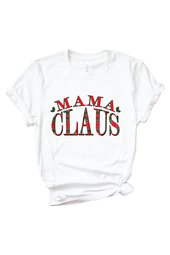 Caden Lane Mama Claus Christmas graphic tee with festive plaid lettering, paired with matching red plaid pajama pants for coordinating family Christmas pajamas and holiday celebrations.