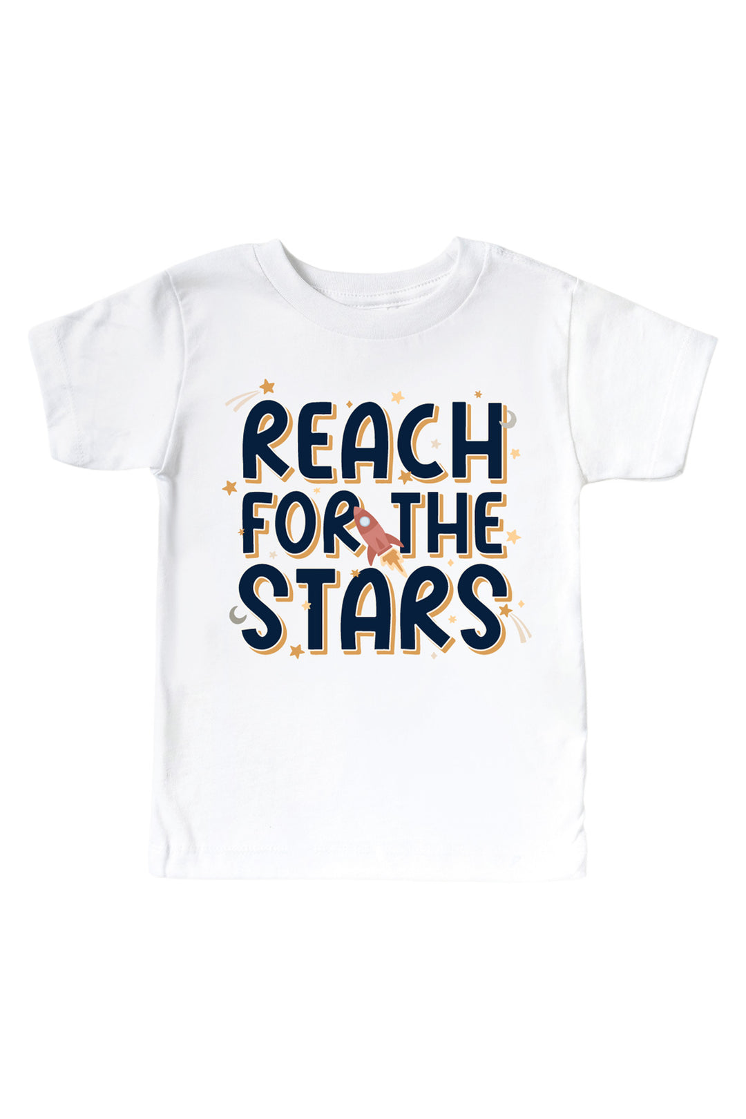 Flat lay of a Caden Lane white kids’ tee with a Stellar Snuggles graphic featuring navy lettering, a red rocket, and shooting stars, reading “Reach for the Stars.”