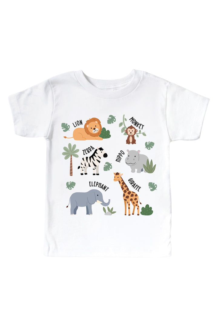 Caden Lane white kids' t-shirt with a safari animal chart print — lion, monkey, zebra, hippo, elephant, and giraffe with labels.