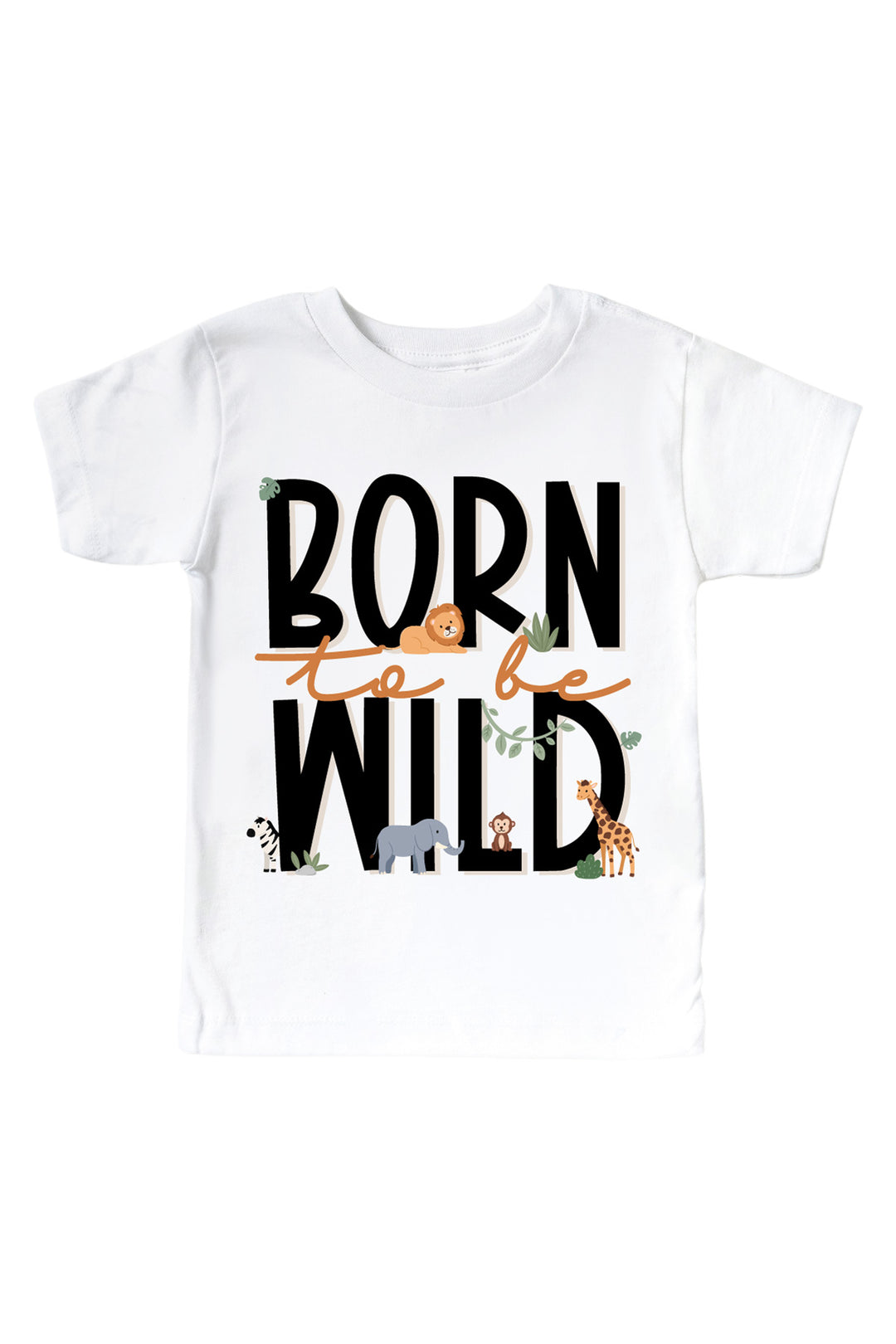 Caden Lane white kids' t-shirt with "Born to be Wild" printed in black and orange lettering and small safari animal illustrations.
