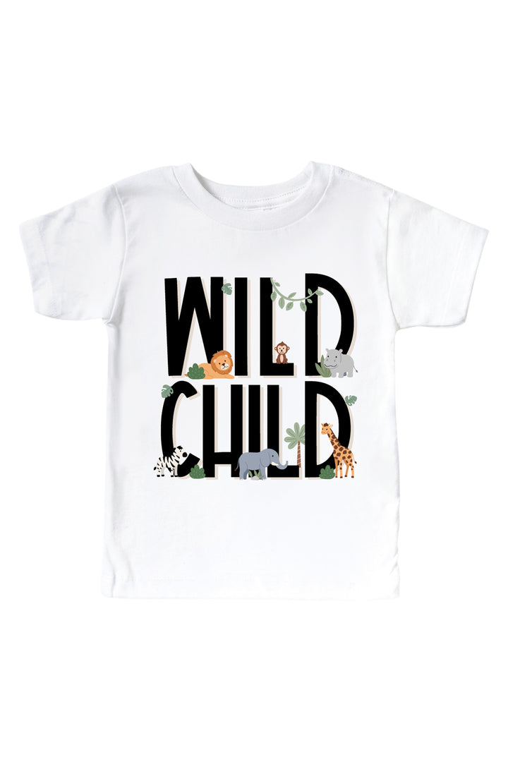 Caden Lane white kids' t-shirt with "Wild Child" printed in black letters and small safari animal illustrations.