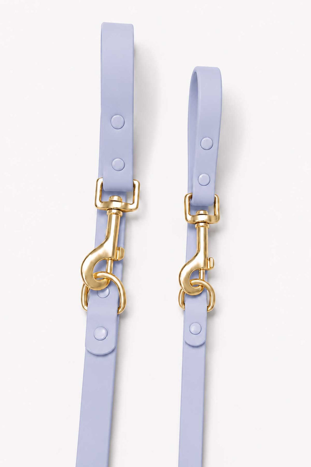 Close-up of cloud blue waterproof dog leash showing two gold snap hook clasps and leash straps side by side