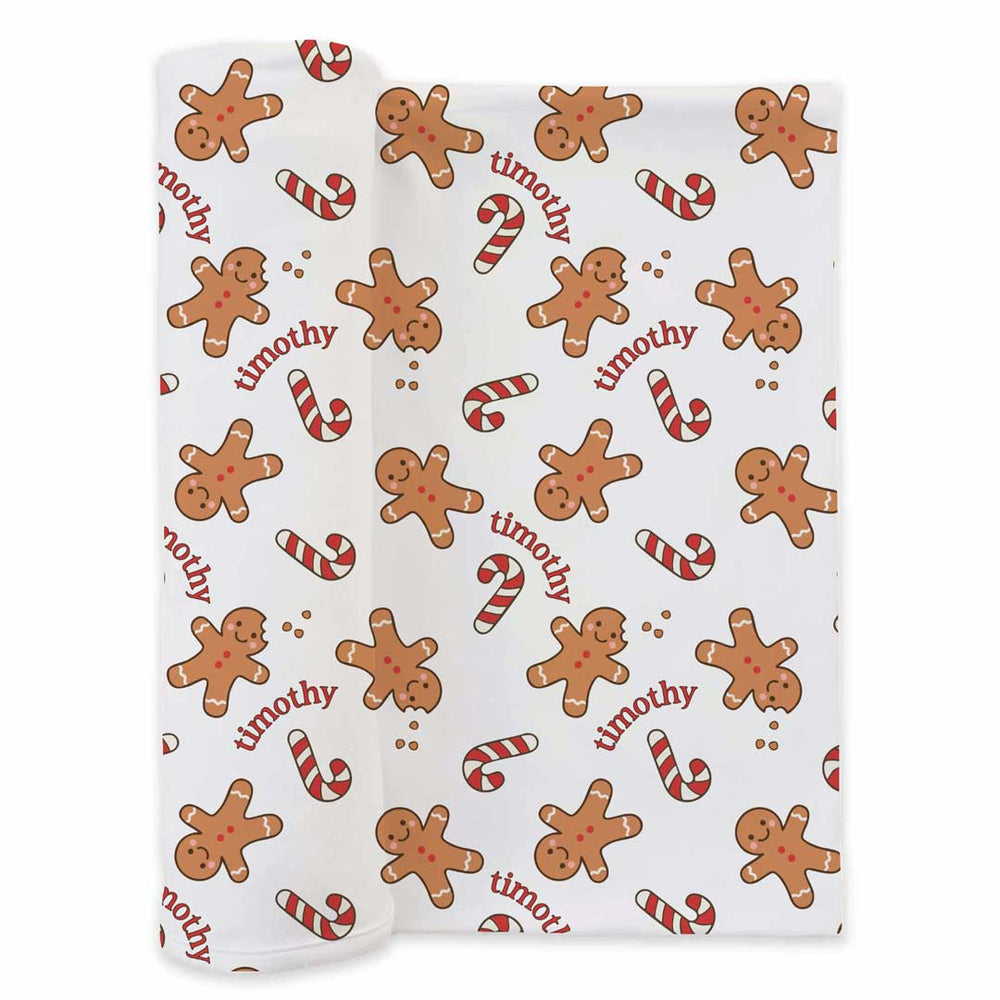 candy cane and gingerbread man personalized swaddle blanket for babies 