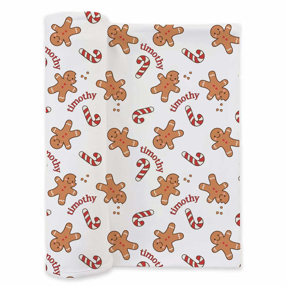 candy cane and gingerbread man personalized swaddle blanket for babies 