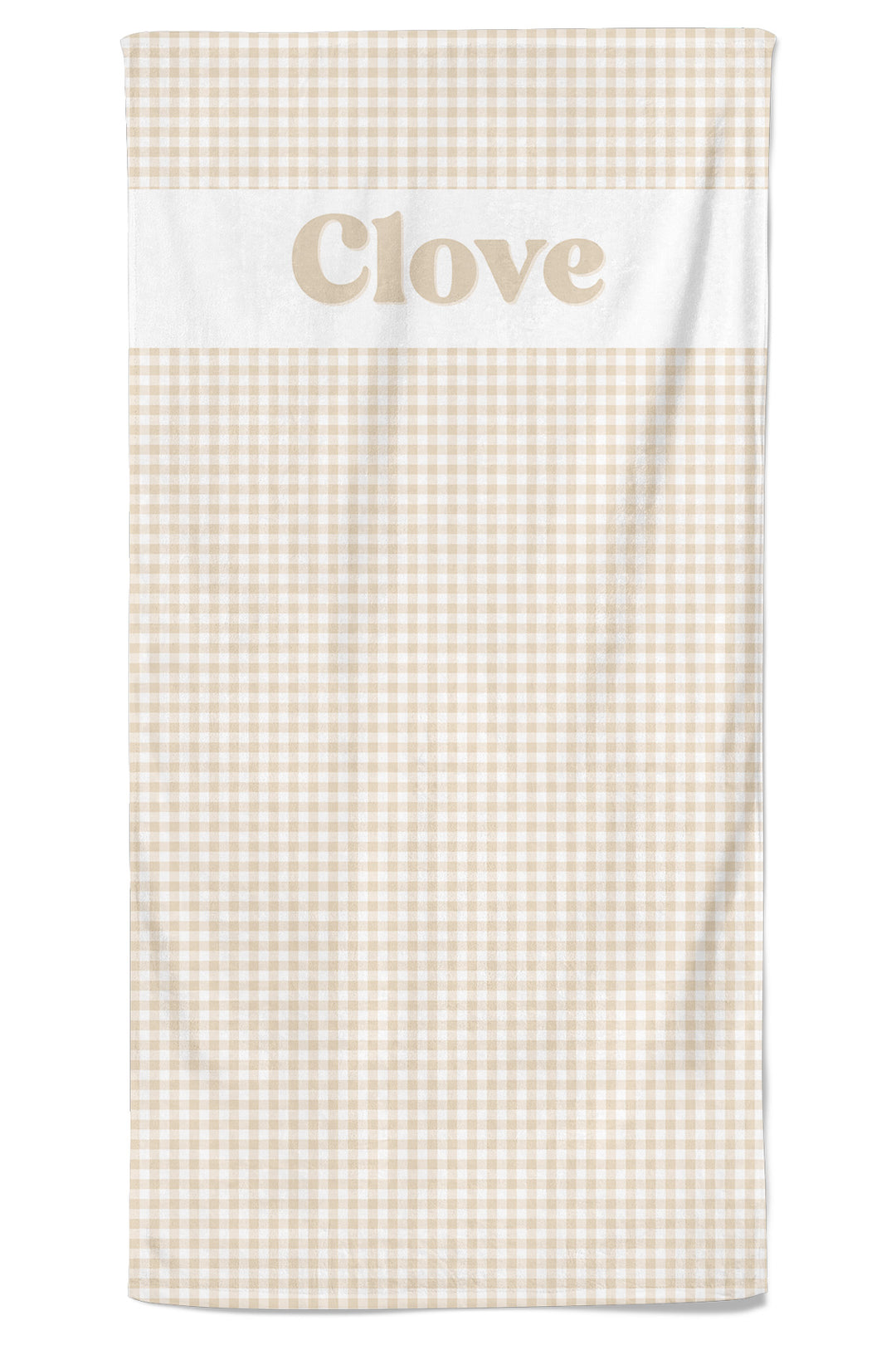 A personalized Lane & Leash pet towel featuring a beige and white gingham pattern, a white horizontal band across the top, and the name 'Clove' printed in beige serif font.