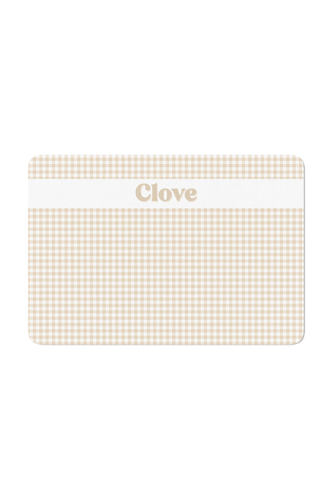 A rectangular Lane & Leash pet bowl placemat with rounded corners, featuring a beige and white gingham pattern, a white horizontal band across the top center, and the name 'Clove' printed in beige serif font.