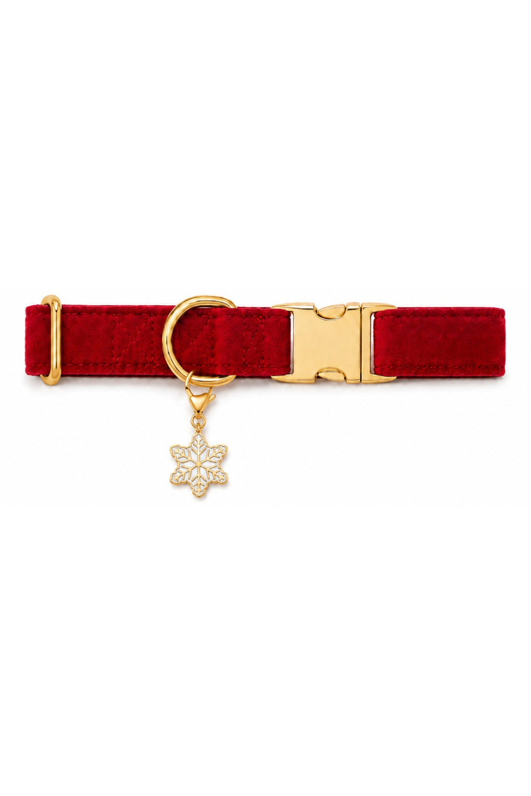 Lane & Leash dark red velvet collar with gold buckle and enamel snowflake charm