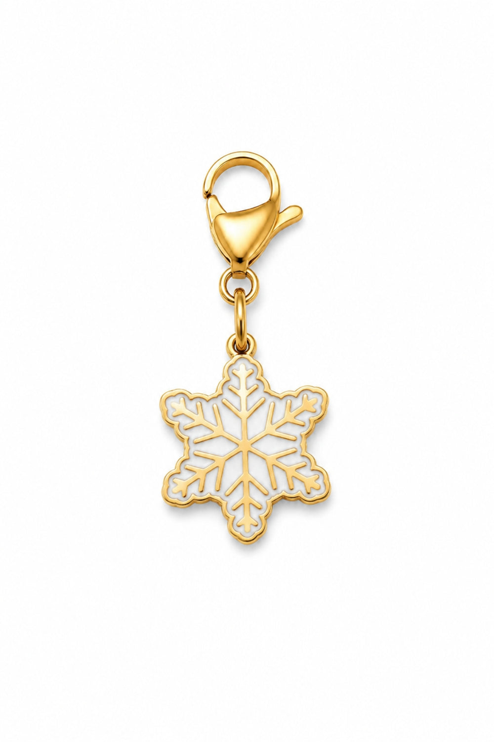 Lane & Leash snowflake charm collar accessory with gold ring with lobster clasp and white enamel snowflake charm with gold and red accents