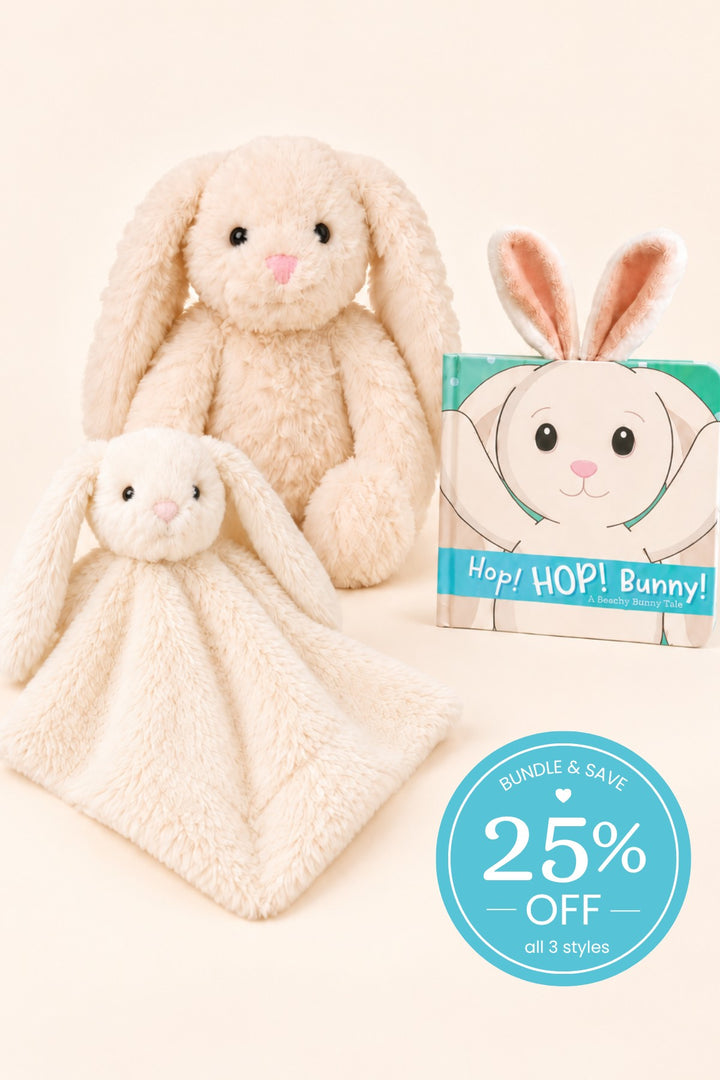 A Caden Lane plush cream bunny and matching bunny lovey, paired with a "Hop! HOP! Bunny!" board book with plush ears.