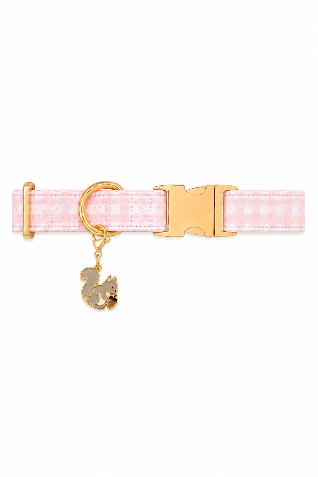 A Lane & Leash pink and white gingham check dog collar with gold-tone hardware, featuring a gold buckle, D-ring, and a dangling squirrel charm, shown on a plain white background.