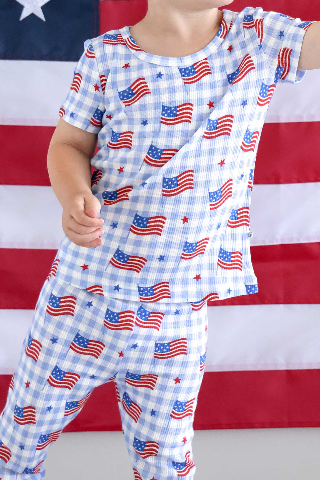 baby wearing bamboo waffle two piece pajama set in star spangled picnic - 4th of july